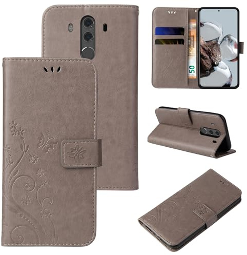 LBH Handy Hülle für Huawei Mate 10 Pro Case Handytasche Schmetterling Blumen Flower Standfunktion Schutzhülle Magnet Rundum Schutz 360 Grad Flipcase Cover Grau