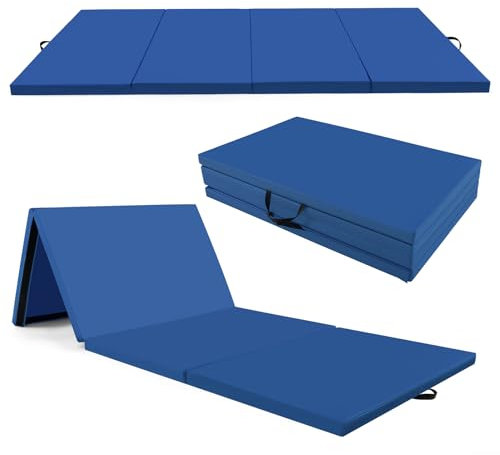 COSTWAY Tapis de Gymnastique Pliable à 4 Plis Epais, Matelas d'Entrainement en Mousse et PU avec Poignées Attaches Auto-agrippantes, pour Gymnastes Entraînements Yoga 300x117x5CM, Bleu