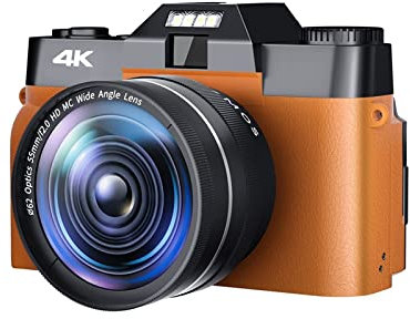 AUBEST Video Camera Camcorder Wide Angle Lens 48MP Digital Camera Photography Vlog Camcorder For Live Streaming Webcam 4K 16X Digital Zoom Selfie(64G TF Card,CDR10 Orange-Lens)