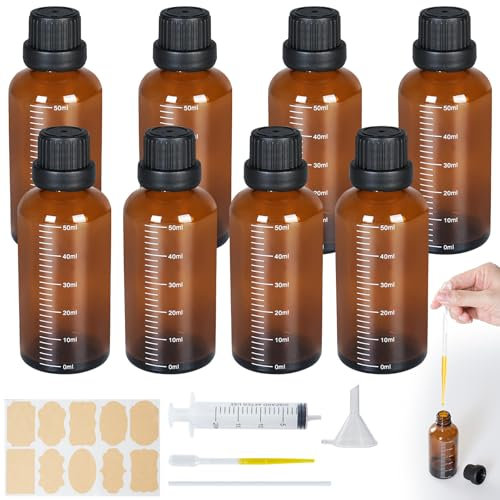 Annyswit 8 Pcs Amber Glass Bottle with 0-50ml Scale, 50ml Small Essential Oil Bottles with Pipette, Syringe & Conduit, Brown Glass Bottles with Funnel & Sticker for Essential Oil, Perfume, Skin Oil