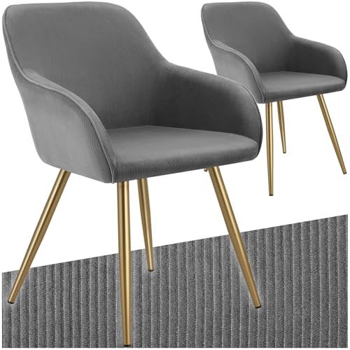 tectake® 2X Esszimmerstuhl, Sessel bequem mit Armlehne, Polsterstuhl, Cord Cocktailsessel, Loungesessel für Wohnzimmer, Esszimmer, Moderne Küchenstühle, Bürostuhl - grau/Gold