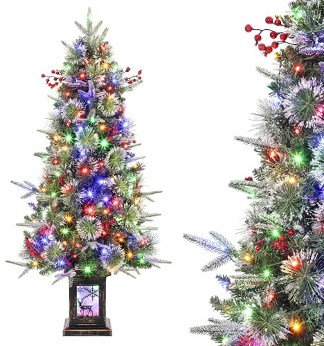 125cm Weihnachtsbaum Künstlich mit Beleuchtung, 4ft Künstlicher Weihnachten Baum mit 150 Warmweißen und Mehrfarbigen LED Lichtern 9 Modi PVC Zweigspitzen Retro Elch Beleuchteter Topf für Haus Büro