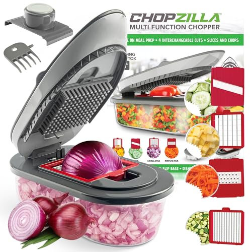 CHOPZILLA Vegetable Chopper and Mandoline Slicer for Kitchen with 4 Blades, Scraper and Container, ALL in 1 Sharp Veggie Chopper Vegetable Cutter, French Fry Cutter, Onion, Fruit, Salad, Potato