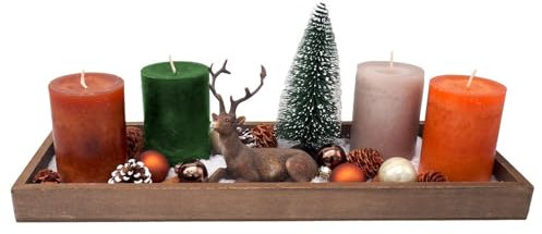 ZauberDeko Tablett Braun Adventsgesteck Hirsch Orange Kerzen Tannenbaum Weihnachten Deko 40cm