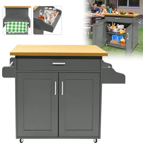 ACXIN Küchenwagen auf Rollen Küchenschrank mit Schubladen und Schranktür Kücheninsel mit Arbeitsplatte Küchenrollwagen Servierwagen Rollwagen für Küche Esszimmer - 115 x 36 x 90 cm, Grau