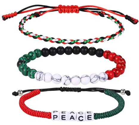 JewelryWe Palästina Armband Perlenarmband 3er Set: Palästinensische Flagge Handgewebt Geflochten Seil Perlen Armbänder mit Buchstaben Peace Boho Verstellbar Frieden Palästina-Armband Unisex