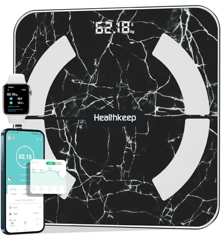Healthkeep Personenwaage, Impedanzmesser, Bluetooth, hohe Genauigkeit, mit App, 13 Indikatoren für Android und iOS, max. 180 kg/400 lb/28st, 28 x 28 cm, Marmor, Schwarz