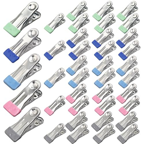 SHENSAIGO 40 pinzas de acero inoxidable para ropa, pinzas de metal antideslizantes para ropa, clips de ropa de metal sin rastro con cabeza de silicona, 5 colores fuertes para calcetines, zapatos,