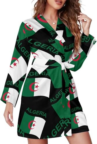 Lsjuee Drapeau de l'Algérie Peignoirs courts pour femmes avec ceinture Chemise de nuit à manches longues pour femmes Peignoir doux Vêtements de détente
