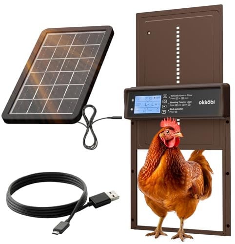 Okkobi Porte Automatique Poulailler Solaire - Ecran LCD - Télécommande, capteur de lumière et minuterie - Sécurité et tranquillité d'esprit : Fonction Anti-pincement - Protection 5 Ans