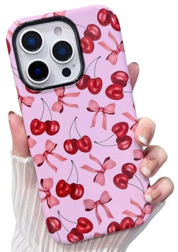 MINSCOSE Cherry Print Phone Case for iPhone 13 Pro Max Case,Luxury Girly Cute Bow Trendy Pattern,Slim Thin Hard Plastic Soft Silicone Cover for Women Girls for iPhone 13 Pro Max-Pink