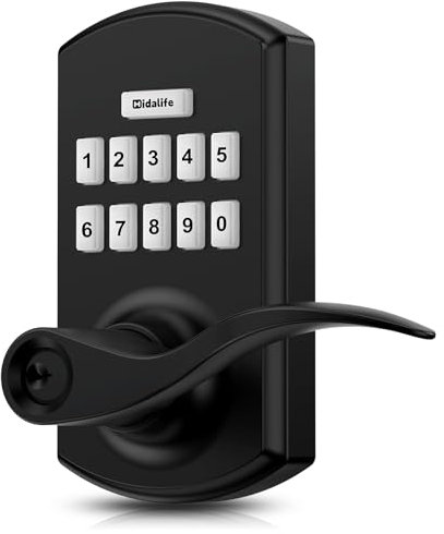 Hidalife Keypad Smart Türschloss mit Griff, Keyless Entry for Front Door, Receyable, Manual Passage Mode, Mattschwarz