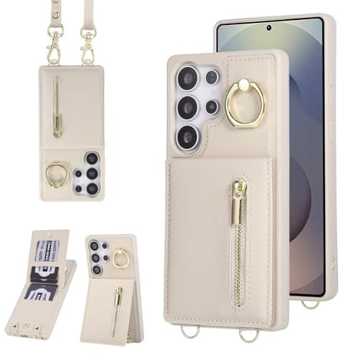 Jcxtrombulous Hülle für Galaxy S25 Ultra Hülle Stoßfeste Handyhülle mit Verstellbarer Halskette RFID Reißverschluss Geldbörse Etui mit Kartenfach mit Band Ring Ständer Case für Frauen-Beige