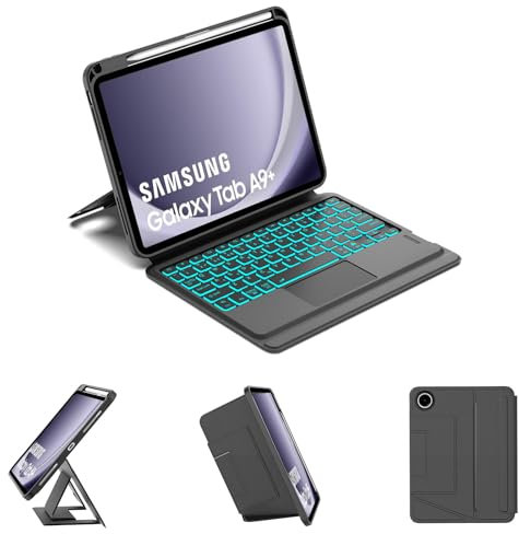 FOGARI Comb Touch Samsung Galaxy Tab A9 Plus 2023 11 inch Keyboard Case, Detachable Magnetic Backlit Trackpad Keyboard - QWERTY UK English Layout - 3 Devices Bluetooth Channels Change, Black