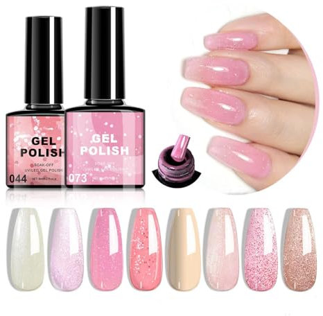 8 Colors Nude Pink Glitter Nail Polish Set, High Gloss Shimmer Sparkle Nail Polish Kit Soak Off UV/LED High Shine Reflective Polish Manicure Salon Finish DIY Nail Art Gifts for Women Girls 8ml