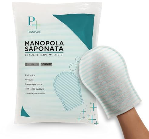 PALUPLUS 1000 Manopole Saponate Monouso in TNT, Misura 17,2x24,2 cm, Spugna con sapone a PH neutro profumato, Interno impermeabile, Guanto Presaponato per pulizia e igiene corpo -6266C-7