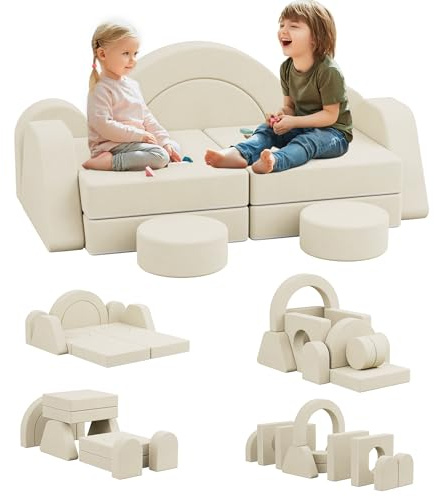 KEEPREAPER 12 TLG. Spielsofa für Kinder, 7 in 1 Modulares Kindersofa aus Schaumstoff, Kord, 2-Sitzer Kindercouch waschbar, Schlafsofa für Kinderzimmer (Beige, 2-Sitzer)