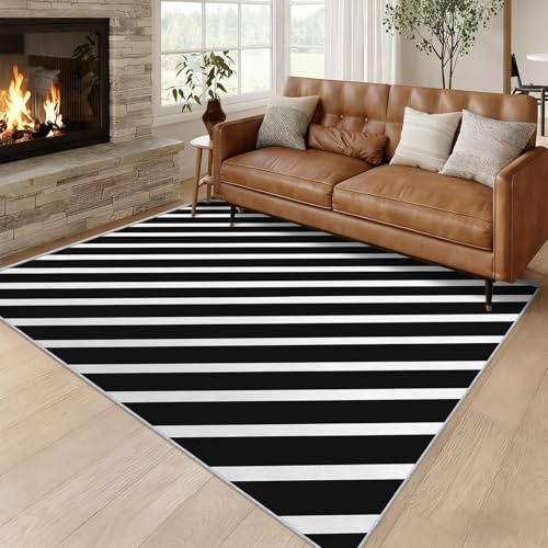 Generisch Teppich Wohnzimmer Schwarz Weiß Gestreift, Teppich Streifen Moderne für Schlafzimmer 120x160 cm, Weicher Waschbarer Antirutsch Kurzflor Dekoration Carpet P-&80