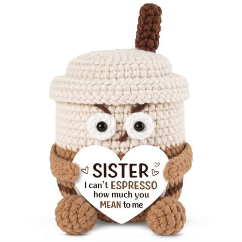 Leebbsin Sister Birthday Gifts- Handcrafted Cute Crochet Coffee Mug- I Can't Espresso How Much You Mean to Me- Sister Gifts for Birthday Graduation, Big Sister's Presents