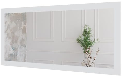 Doman Spiegel auf dekorativen Holzplatte 50x140 cm Weiß,Wandspiegel im modernen Stil mit elegantem Rahmen und Befestigung
