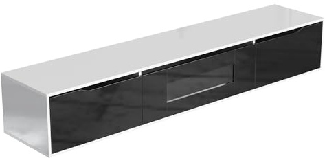 39F FURNITURE DREAM Modern High Gloss TV Cabinet with LED Lighting, Black and White Media Unit for 50 to 65 Inch TVs, 180 x 35 x 30 cm