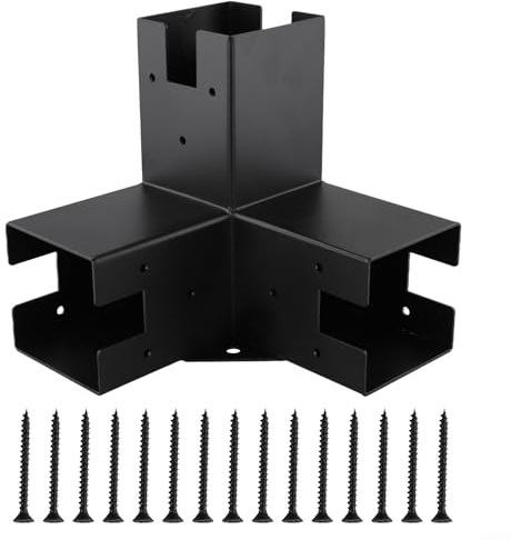 HEIBTENY Support d'angle à angle droit avec base de poteau à bride pour pergola en bois – 218 x 218 x 120 mm en acier et alliage d'aluminium, antirouille, résistant aux intempéries, 3 voies + kit de