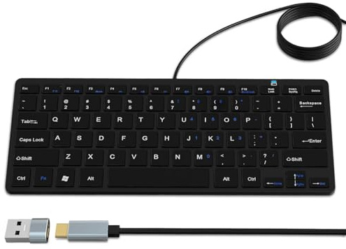 SSS·GRGB 78-Key Wired Keyboard for MacBook/iMac/Windows PC, USB-C/A, Black | US QWERTY, 10 media hotkeys, quiet scissor keys, 8° tilt, 140 cm braided cable and OTG adapter for office, home and travel