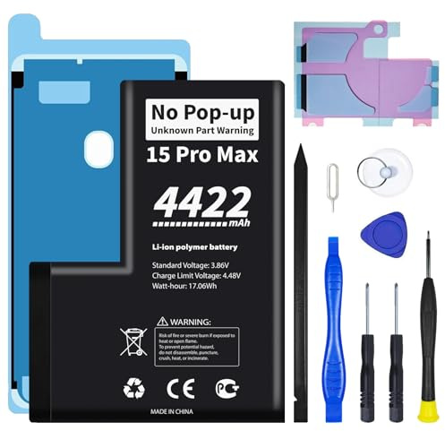 No Unknown Part Warning for iPhone 15 Pro Max Diagnostic Battery, Truthfully Rated 4422mAh Capacity Li-Polymer Rechargeable Battery Replacement for iPhone 15 Pro Max with Full Tool Kit