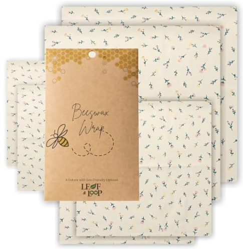 Leaf & Loop Beeswax Food Wraps for Eco-Friendly Food Storage - Set of 6 | Includes 2S, 2M, 2L Organic Cotton Beeswax Wraps with Tree Resin & Jojoba Oil - Reusable Cling Film Alternative