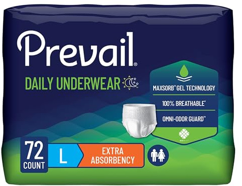 Prevail Daily Underwear Disposable Extra Absorbency, Large, Unisex 72 Count