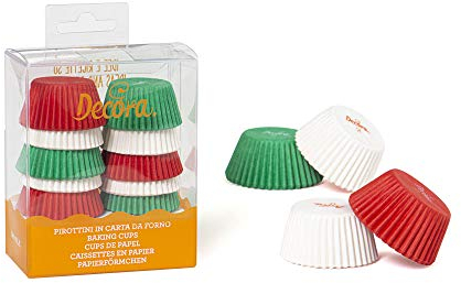 Decora 0339751 Pirottini, Mini Muffin Bianco, Rosso&Verde, Comodissimi Pirottini in Carta da Forno, per Cuocere, Presentare e Regalare dolcetti, Resistono fino a 220°, In comodo Blister, 200 pezzi.