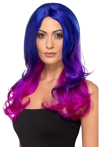 Smiffys Fashion Ombre Wig, Wavy, Long, Blue & Pink Heat Resistant/ Styleable, Ladies Glamour Wigs Fancy Dress, Festival & Carnival Dress Up Wigs