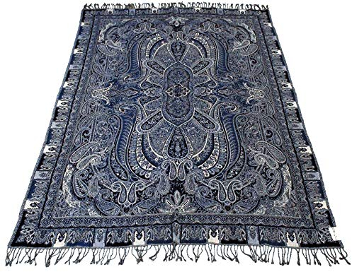Lorenzo Cana Wolldecke Jacquard gewebt aus Baumwolle mit feinster Wolle vom Merinolamm Schwarz Weiss Blau Paisley Wohndecke Decke Wolle Sofadecke Kuscheldecke Plaid 140 cm x 200 cm 96244