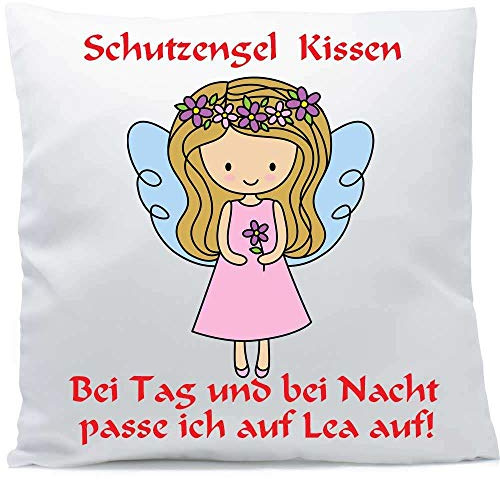 Kissen mit Namen Wunschtext Schutzengel Mädchen blonde Haare 40x40 cm inkl. Füllung Kuschelkissen, Kissen Farbe:Vorderseite + RS weiß strukturierte Oberfläche