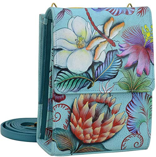 Anuschka Handbemalte Crossbody Organizer Tasche mit 3 Fächern aus echtem Leder - Jardin Bleu