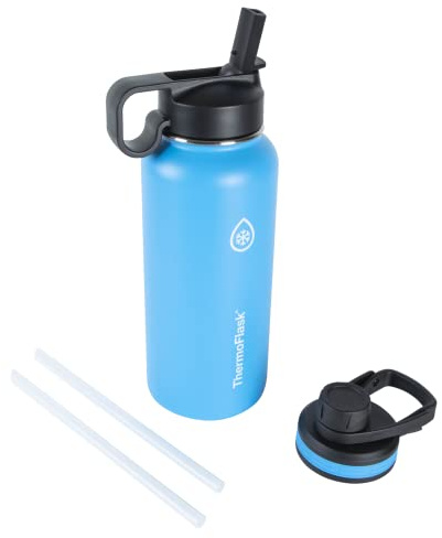 Thermoflask 32 oz Double Wall Vacuum Insulated Stainless Steel Water Bottle with Spout and Straw Lids, Capri