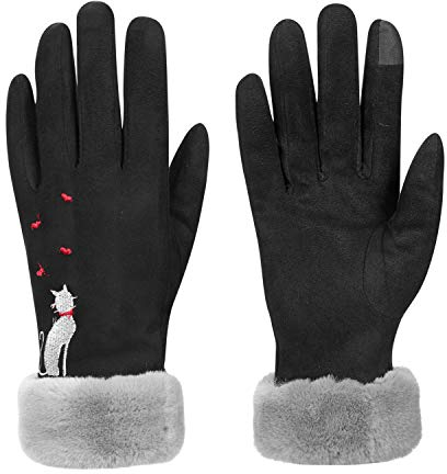 IBLUELOVER Handschuhe Damen Touchscreen Winterhandschuhe Winter Kunstwildleder Damenhandschuhe Plüschfutter Warme Radfahrenhandschuhe Dicke Katze Fäustlinge Elegant Mountainbike Fahrradhandschuhe