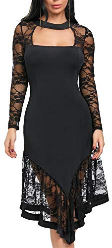 JIER Damen Langarm Spitzenkleid Unregelmässig Kleid Vintage Spitzen Cocktail Party Abendkleider Cocktailkleid Spitze Etuikleid Mini Abendkleid Knielanges Festlich Kleid (Schwarz,XXXXX-Large)