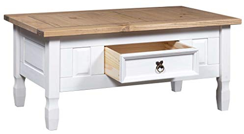 Festnight Couchtisch mit Einer Schublade Mexiko-Stil Kiefer Corona Weiß und Braun 100 x 60 x 45 cm