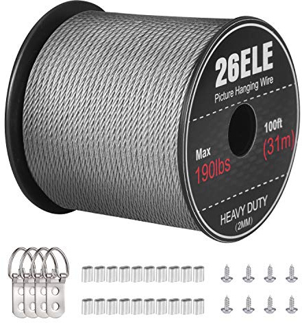 26ELE Picture Hanging Wire 190lbs, Heavy Duty Stainless Steel Wire Rope for Hanging Picture Frame Mirror and Wall Art, Strong Metal Wire 100Feet with 20PCS Crimping Sleeves, 4 D Rings and 8 Screws