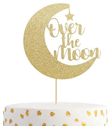 Over the Moon Cake Topper - Baby Shower, Gender Reveals Cake Top Hat, Birthday Party Decorations, Glitter Cardboard, Studio Photo Props.