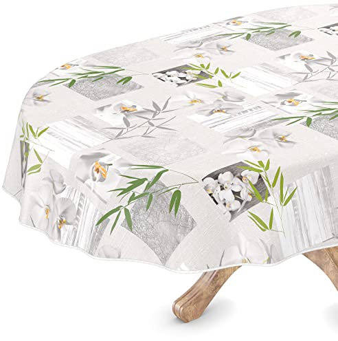 Tischdecke abwaschbar Wachstuch Wachstuchtischdecke Oval 140 x 160cm mit Saum Orchidee Spa pflegeleicht