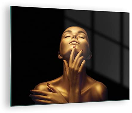 Bilder auf Glas Gold Frau Stück Glasbild 70x50cm Wandbilder Dekoration Wohnzimmer Schlafzimmer Küche Deko Klein Wanddeko Bild im Glas Wand Kunstdruck Art Modern Wall Decor Glasdruck GAA70x50-4573