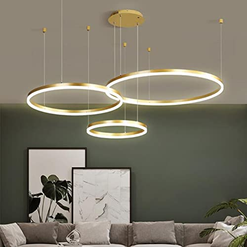 Lfoute LED 3 Ringe Pendelleuchte Dimmbar Wohnzimmerlamp Modern Pendellampe Esstisch Kronleuchter Mit Fernbedienung Metall Aluminium Höhenverstellbar Hängelampe Schlafzimmer Küchen Deckenleuchte,Gold