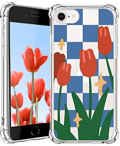 CAROKI Clear Case for iPhone SE 2022,Shockproof Transparent Bumper Cover Soft Silicone Rubber TPU Bumper Clear Cover Phone Case with Red Tulip Pattern for iPhone SE 2022/7/8/SE2-Red Tulip
