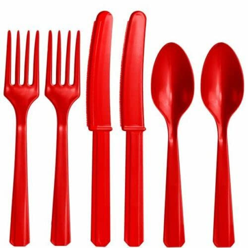 Party Buz WE VALUE YOUR TRUST Assorted Plastic Reusable Cutlery Set 18 Pcs, Pack of 18 (Red)