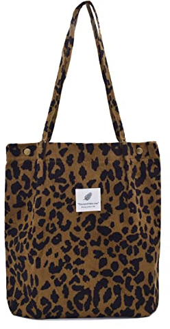 Damen Große Handtasche Kord Shopper Cord Tote Bag für Bücher Reisen Alltag Schule Arbeit Einkaufstasche für Mädchen 40x41cm Leopard