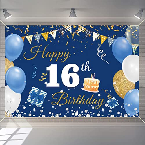 16th Birthday Decorations for Boy/Girl, 16 Years Old Backdrop Banner Fabric Sign Poster, Happy 16th Birthday Party Supplies Blue Photography Background Welcome Sign, 150cm x 90cm