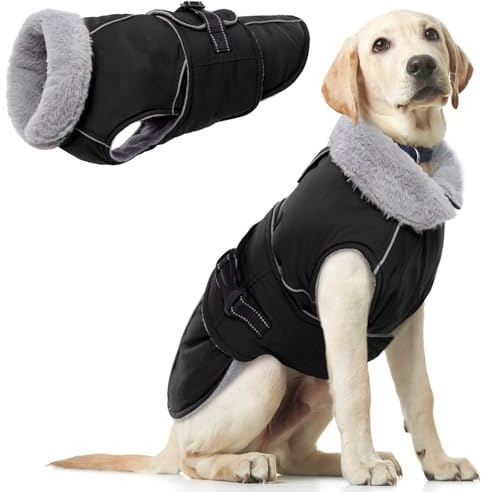 Hundemantel Winter, Wasserdicht Hundejacken Große Hunde Weste Winddicht Hundejacke Warm Fleece Reflektierend Winterjacken mit Leine Loch(Schwarz, XL)