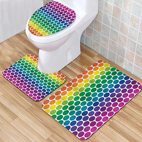 IUBBKI Badezimmermatte, rutschfeste Badematte, gepunktet, Illustration von hellen Regenbogen-farbigen Punkten, Big Cir, Badematten-Set, 3-teilig, saugfähig, rutschfest, Badematte, WC-Vorleger,